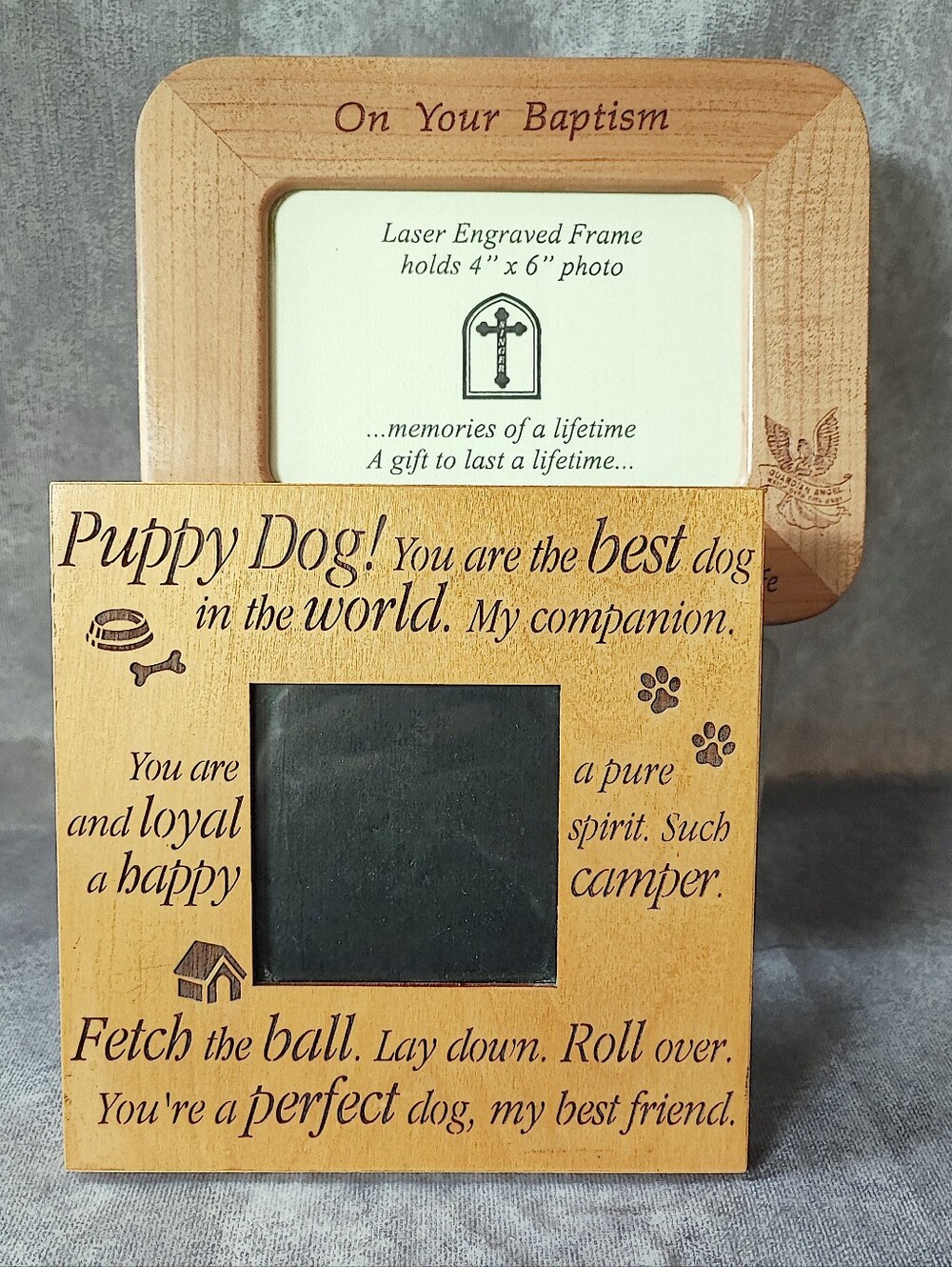 Pair Wood Laser Cut Pet Puppy Dog Child Baby Baptism Wooden Picture Frame NWOT